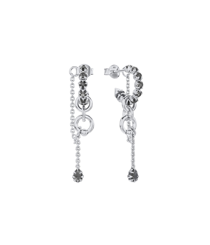 Metasoma Eternity Hoops in polished sterling silver, featuring curved Clear Quartz settings, sculptural circular links and suspended gemstone-tipped chains.