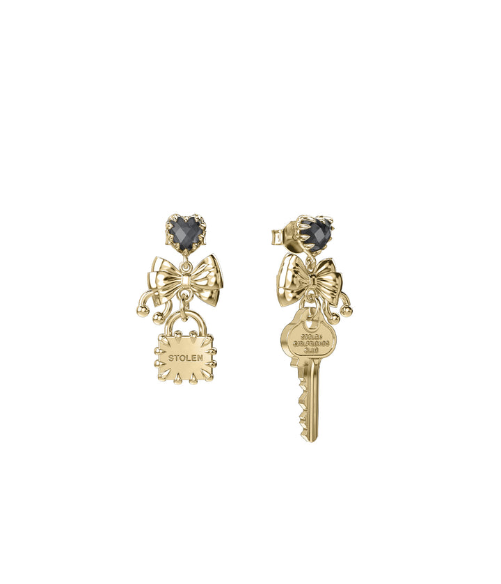 Gold-plated Love Locked Bow Earrings on white background showing mismatched design with lock and key charms.