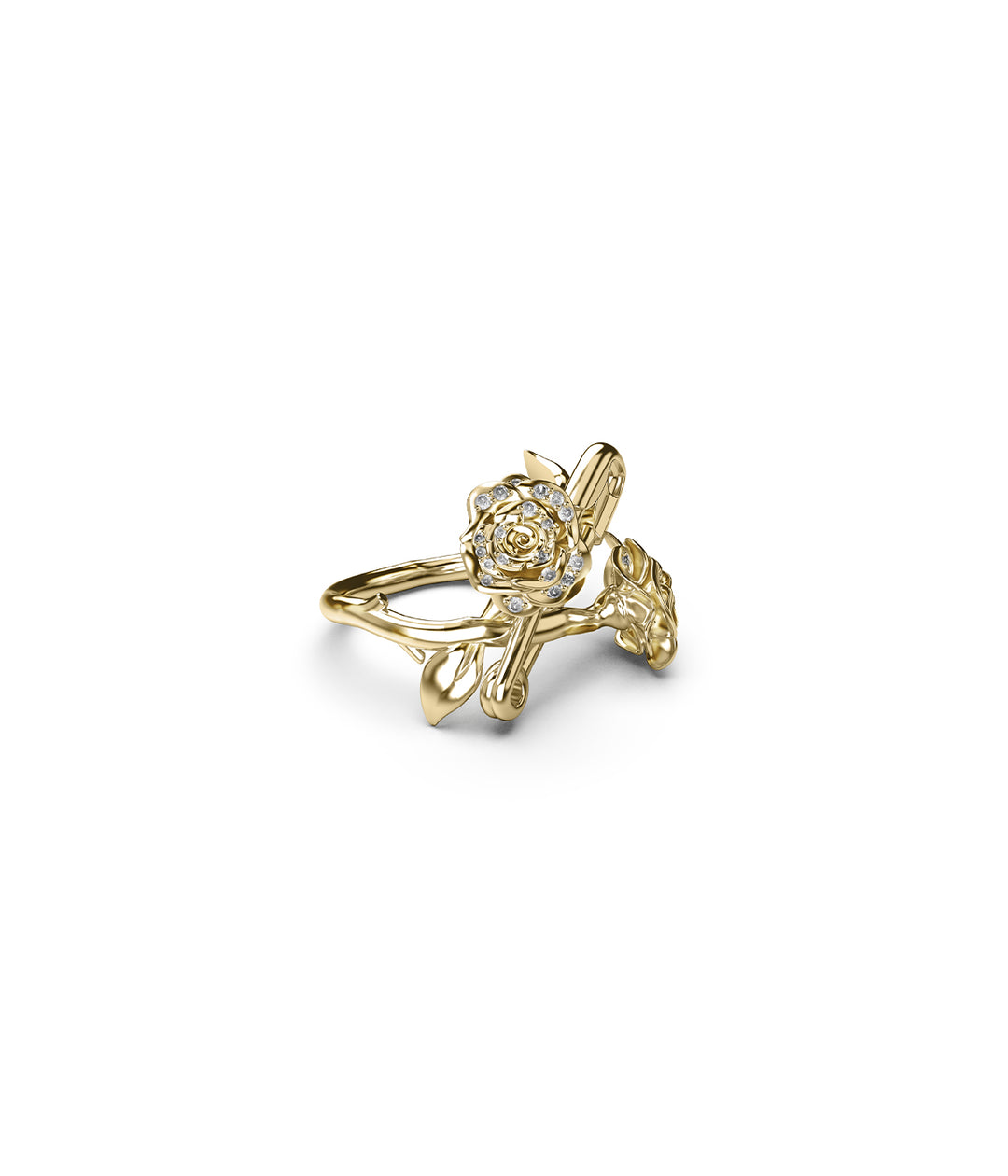 Angled detail of 18k gold Dusted Pin Ring highlighting pavé rose and pin forms