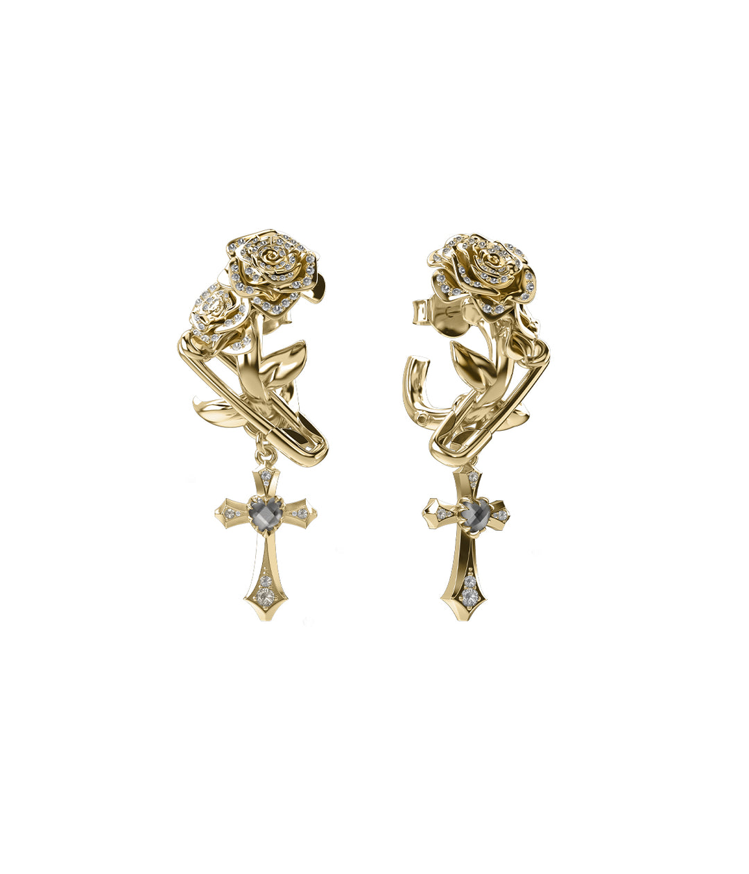 Gold-plated sculptural rose earrings with quartz-set cross drop.