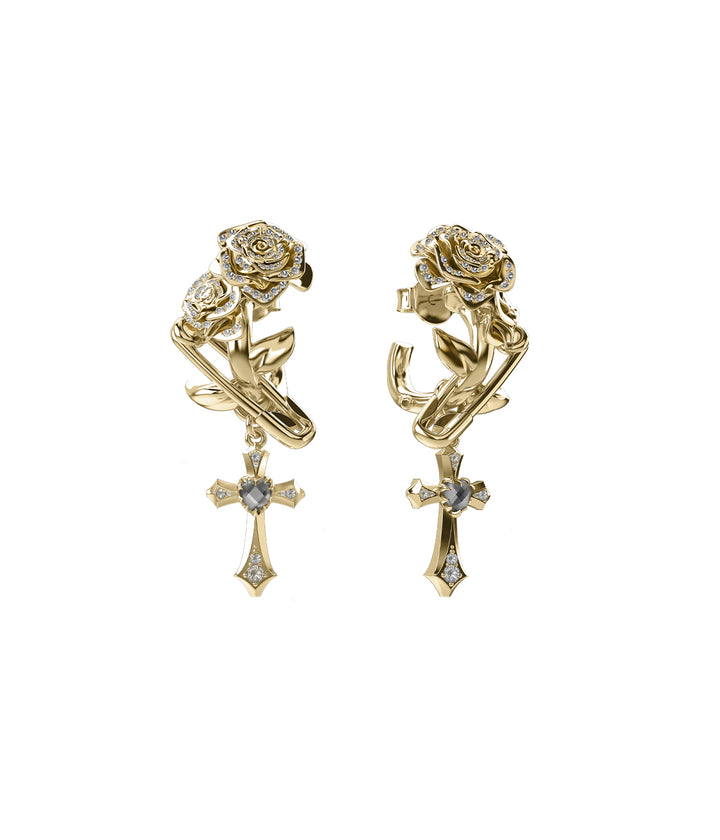 Gold-plated sculptural rose earrings with quartz-set cross drop.