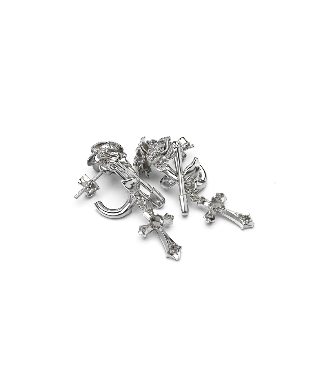 Detail of pavé petals and drop charm on silver Dusted Rose Earrings.