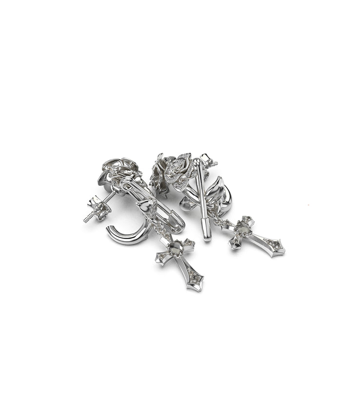 Detail of pavé petals and drop charm on silver Dusted Rose Earrings.