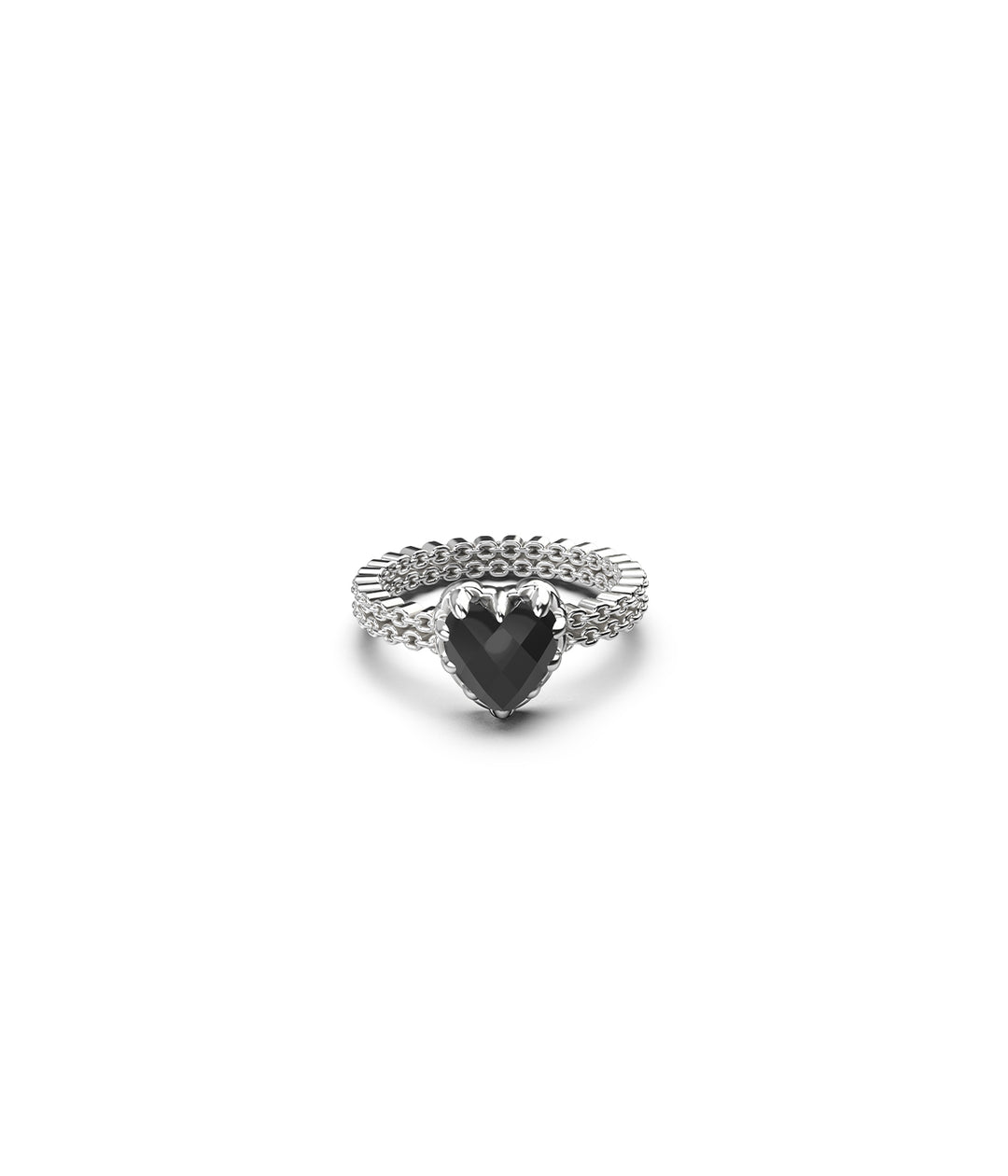 Mini Love Claw Ring in sterling silver, front view on white background, featuring faceted black heart-shaped stone and chain-detailed band