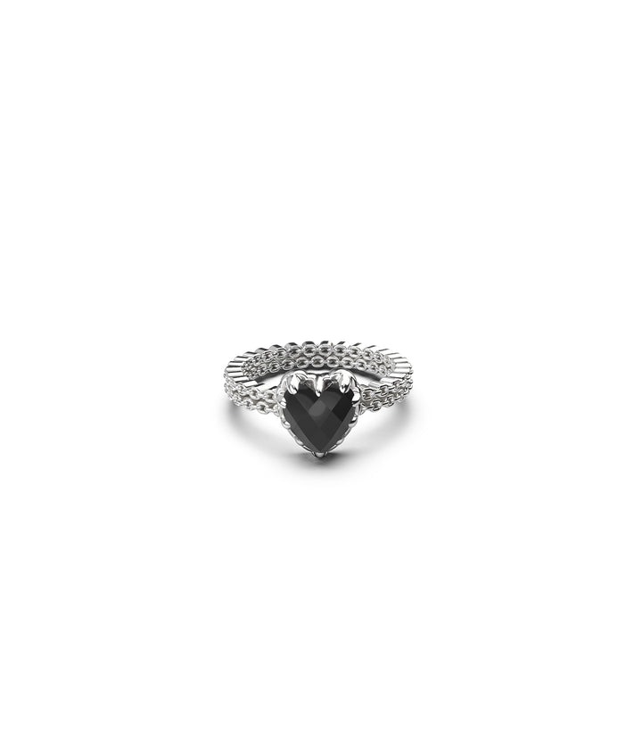 Mini Love Claw Ring in sterling silver, front view on white background, featuring faceted black heart-shaped stone and chain-detailed band