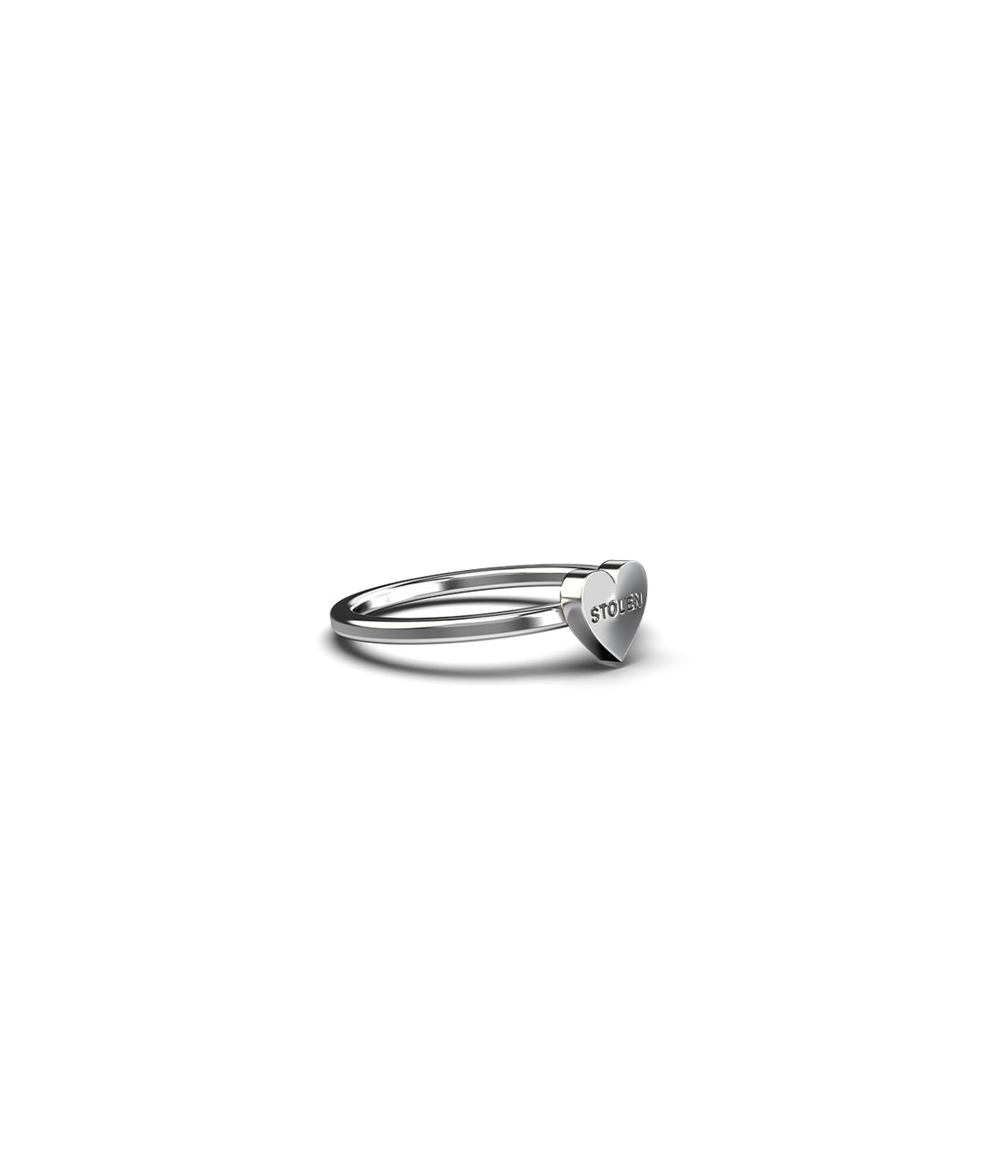 Side-angle view of sterling silver Baby Stolen Heart Ring on white background, displaying band thickness and heart profile.