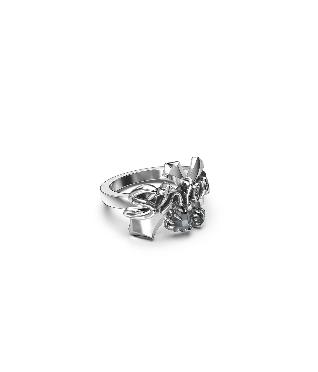 Side angle of sterling silver Gothic Sentiment Ring showcasing cross, clear quartz, and script detailing.