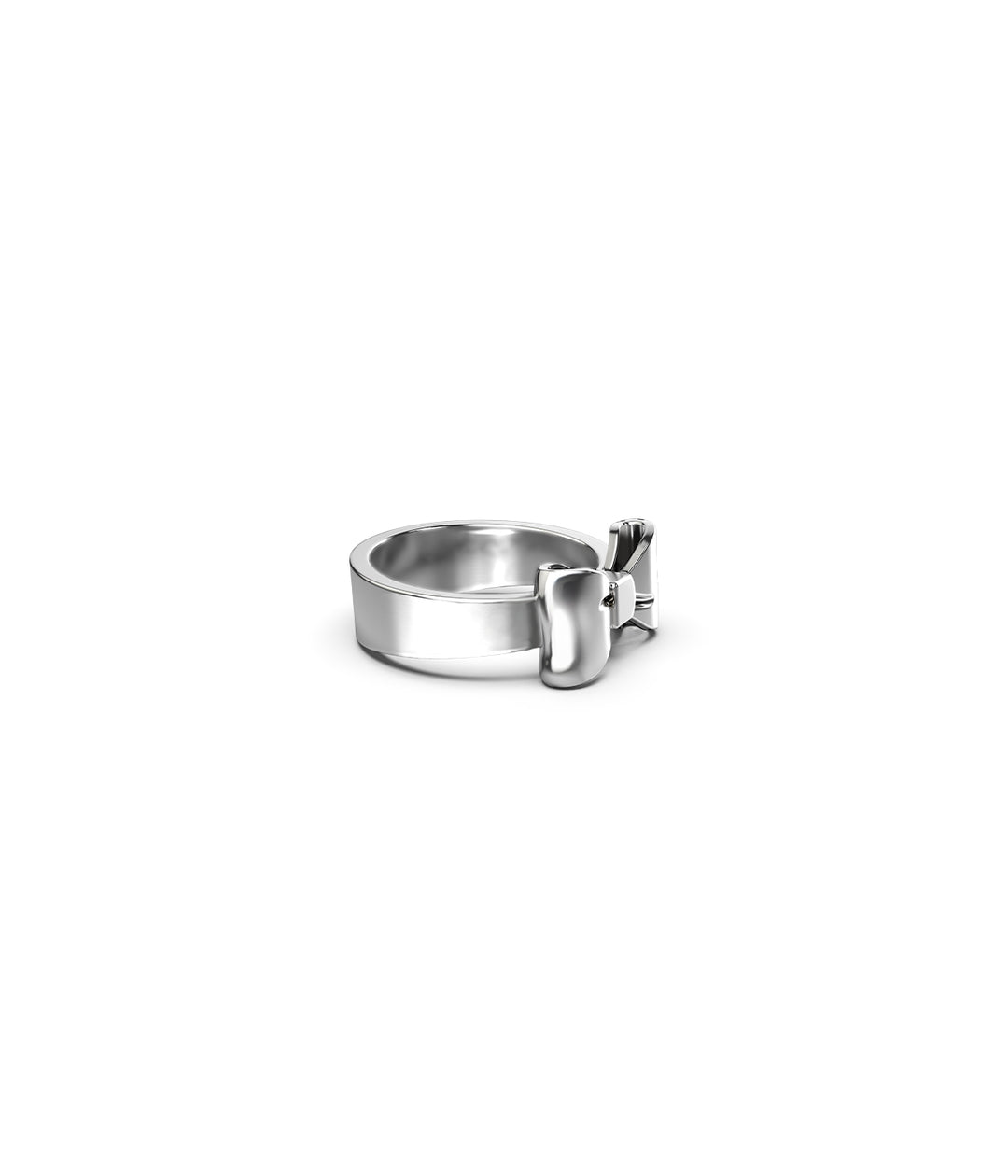 Angled view of Bow Ring in sterling silver on white background, highlighting polished finish and form.