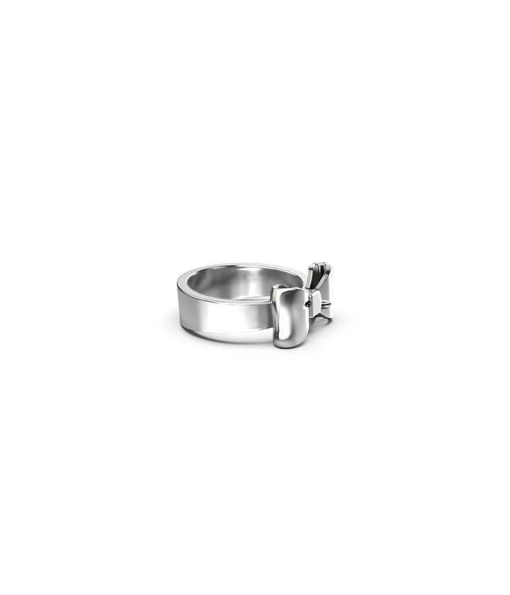 Angled view of Bow Ring in sterling silver on white background, highlighting polished finish and form.