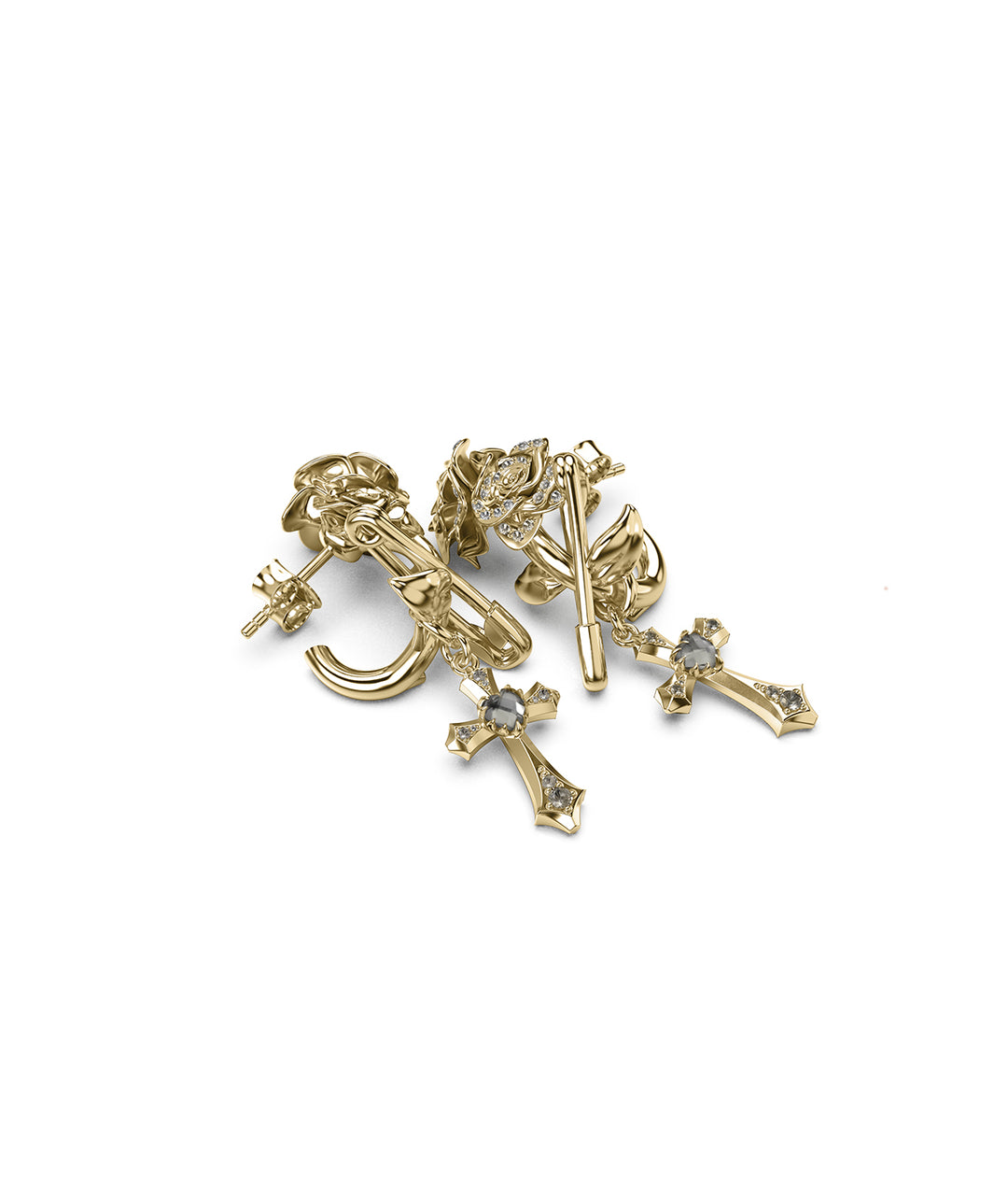 Close-up of pavé detailing on gold rose earring petals.