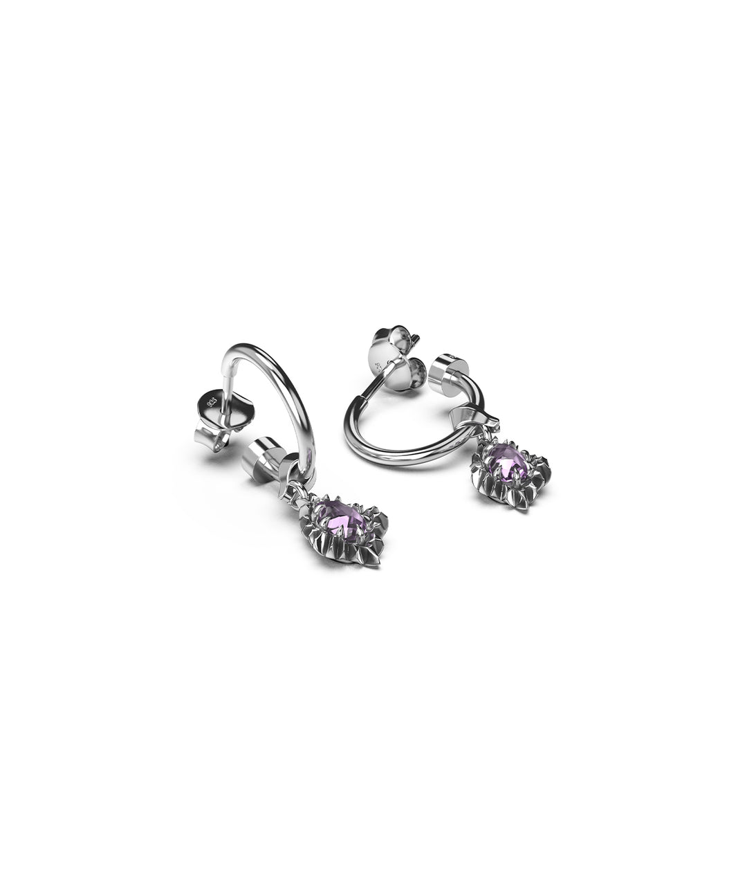 Side-angle product view of the pink amethyst drop sleeper earrings.