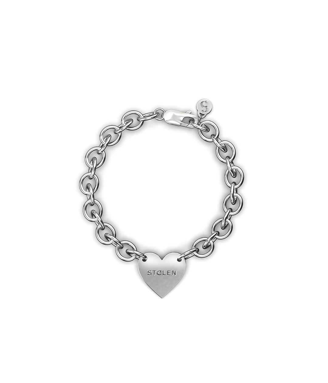 Sterling silver Cold Heart Bracelet on white background, featuring engraved heart charm and rounded links.