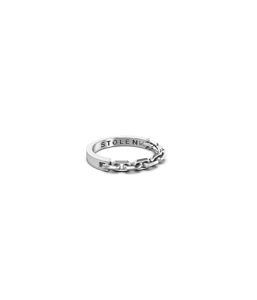 Three-quarter view of sterling silver Chain Ring on white background, highlighting polished band and attached chain.