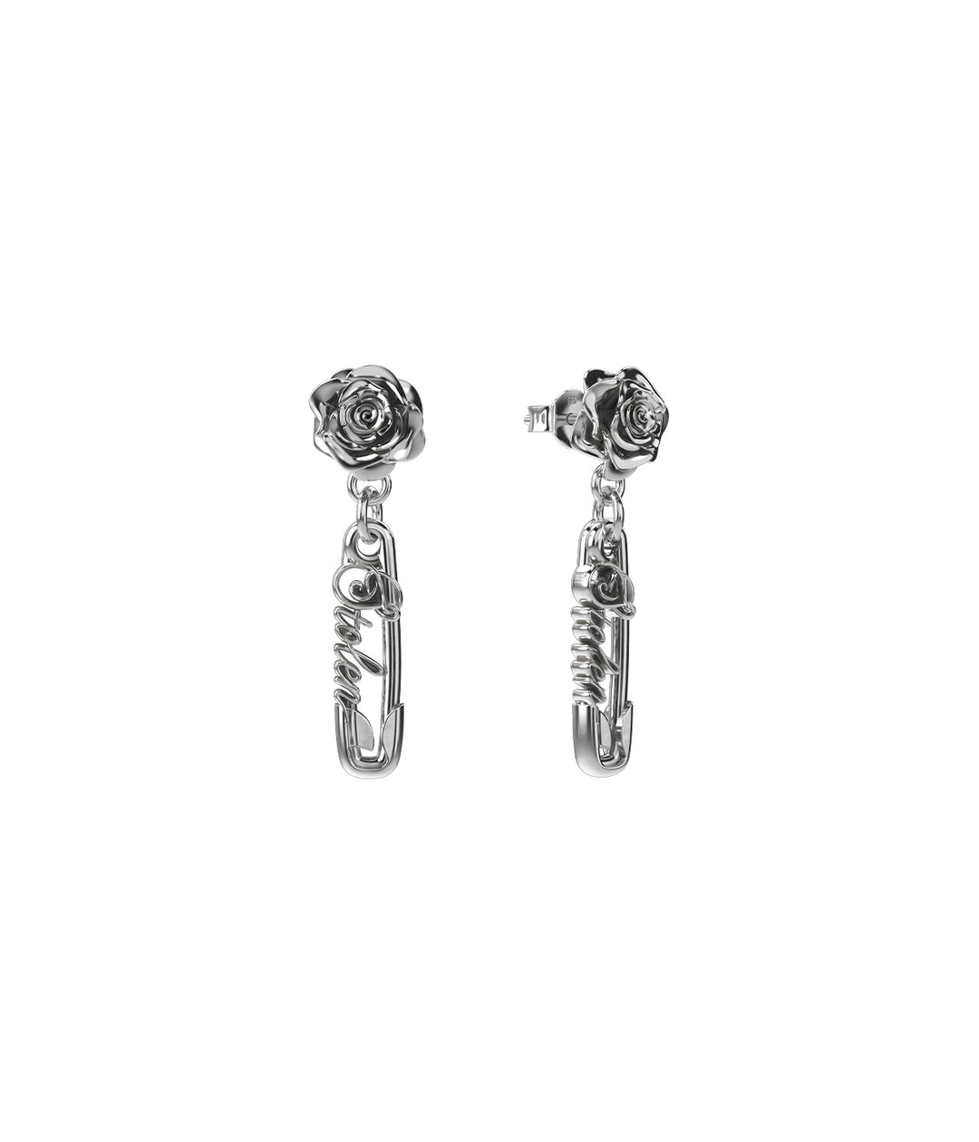 Sterling silver rose pin drop earrings front view on white background