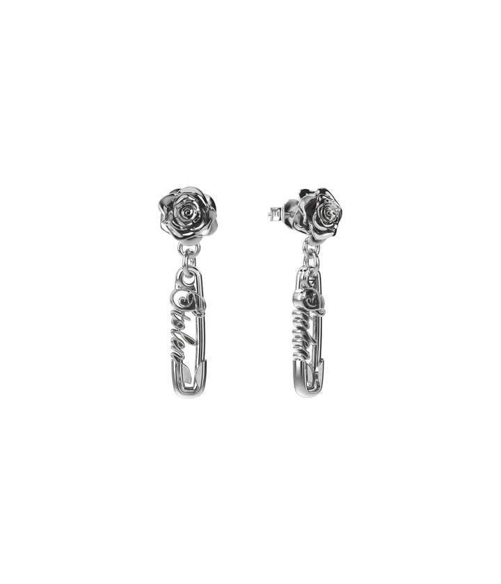 Sterling silver rose pin drop earrings front view on white background