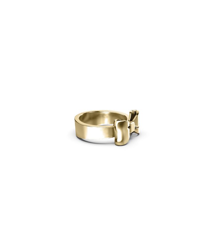 Side angle of Bow Ring in 18k gold plating on white background, showing depth and finish.