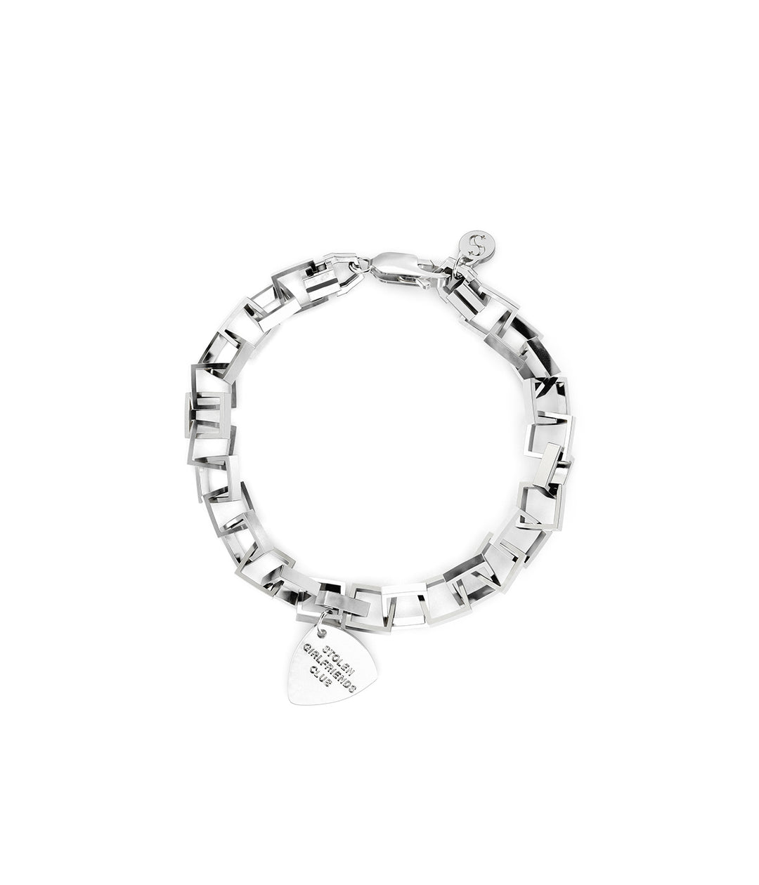 Men’s Death Metal Bracelet in sterling silver on white background, showing square links and engraved guitar pick charm.