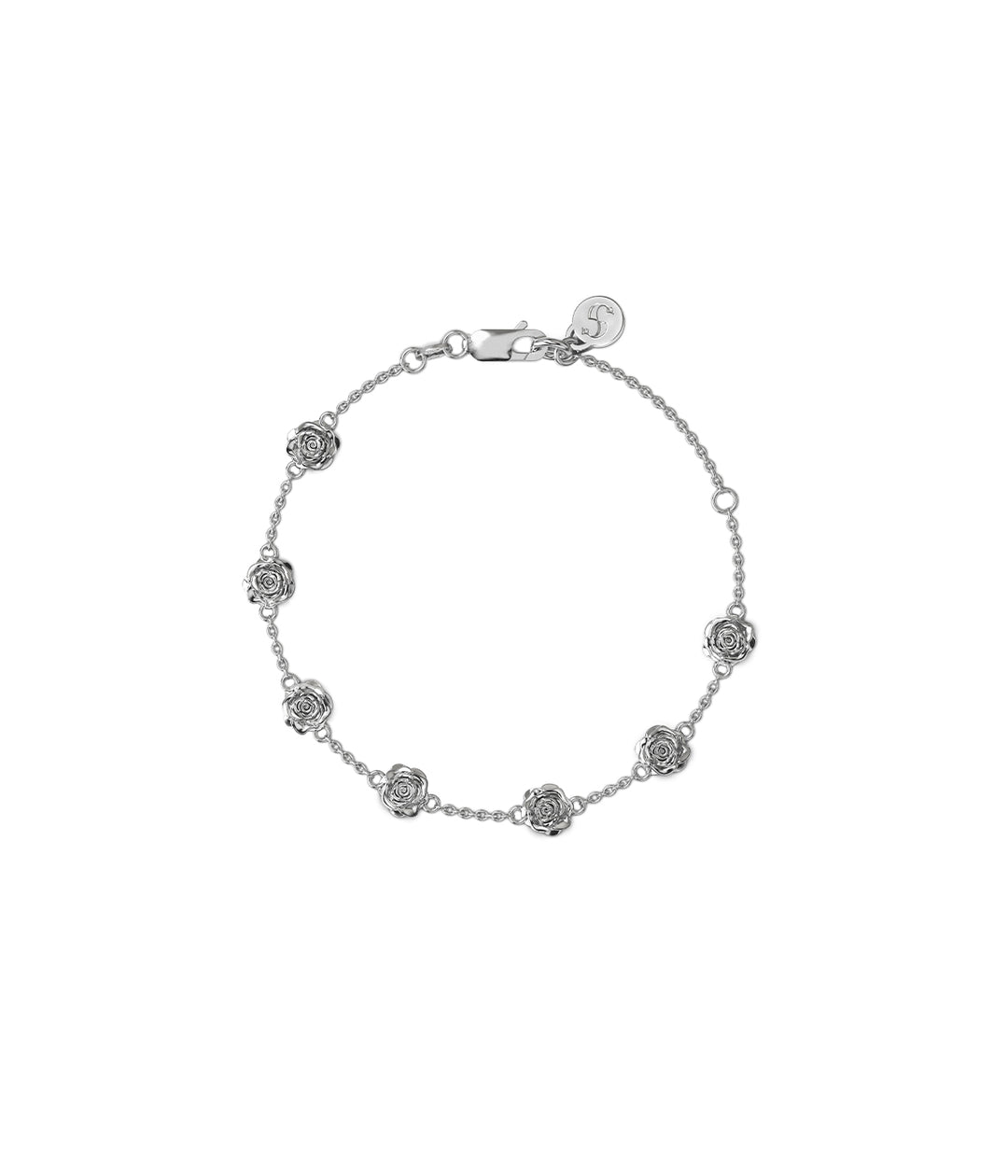 Sterling silver Rose Bud Bracelet on white background showing fine chain and rose bud charms.