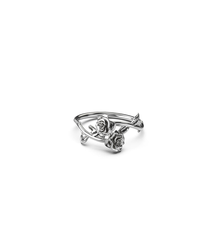 Sterling silver rose wrap ring front view on white background