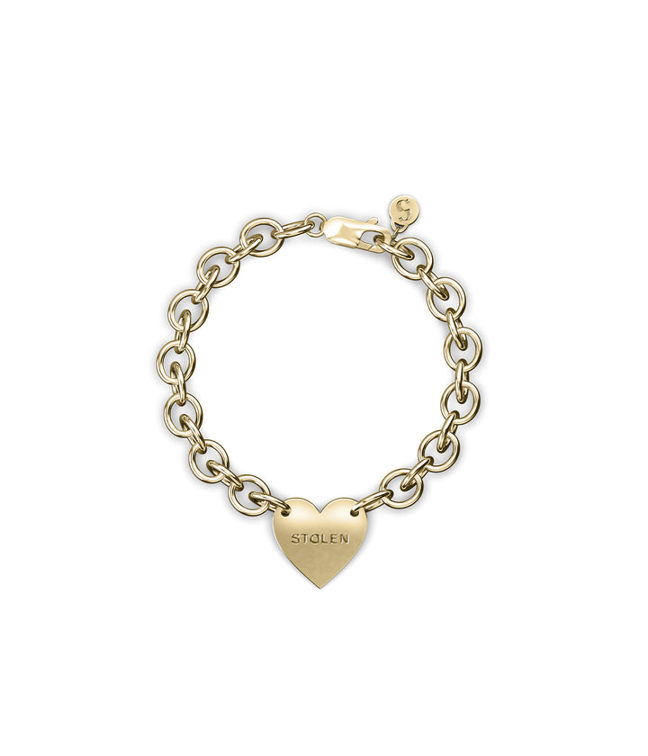 9k solid yellow gold Cold Heart Bracelet on white background, showing engraved heart charm and rounded chain links.
