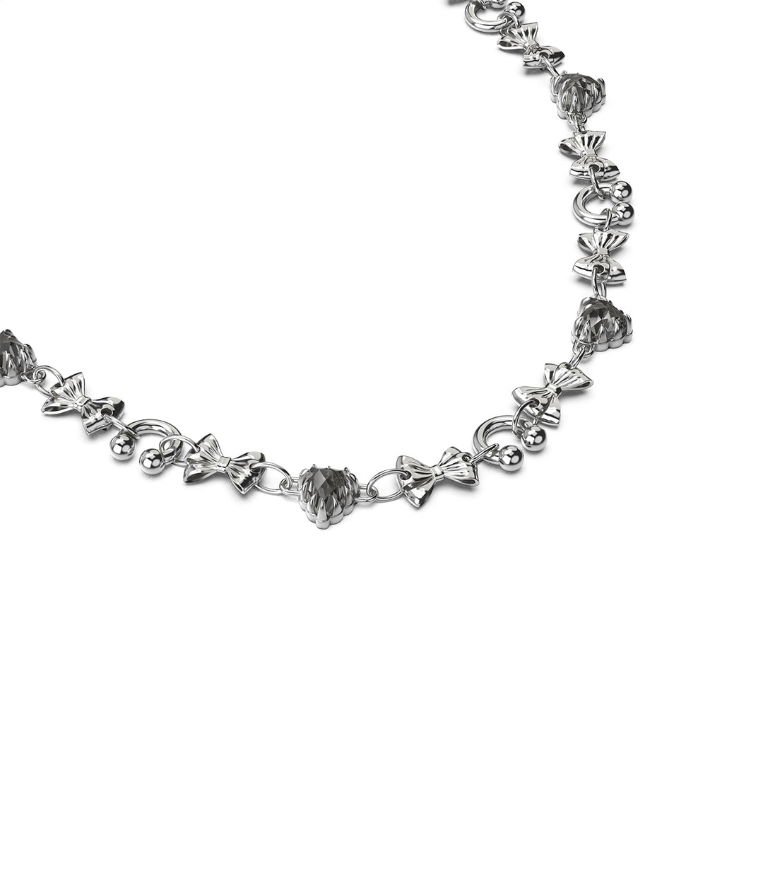 3/4 angled view of silver charm necklace showing detail and articulation