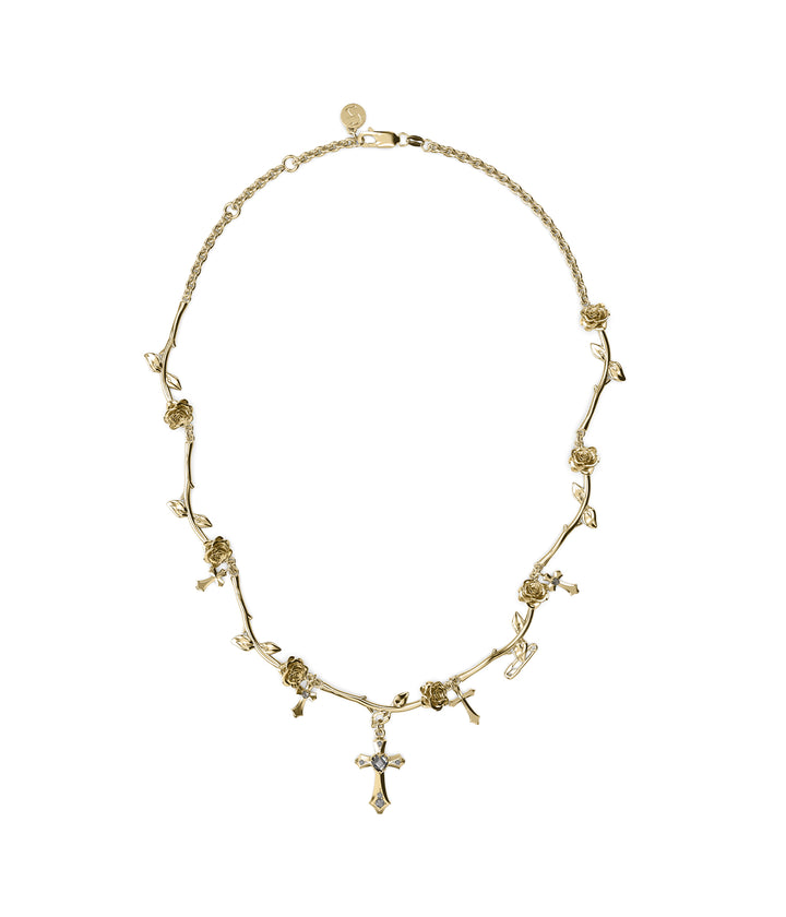 Gothic choker in 18k gold-plated silver with sculpted roses and cross charm.