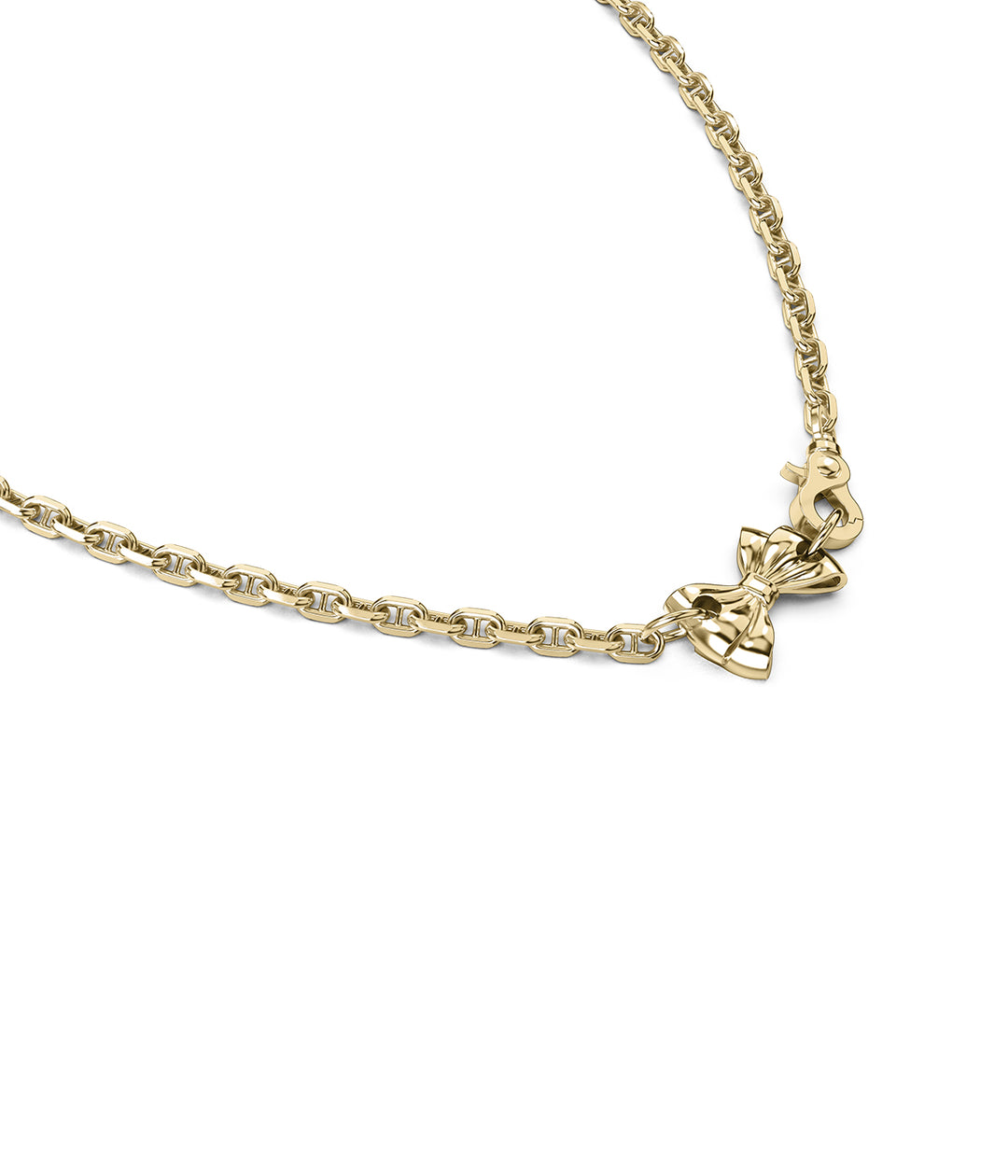 Close-up view of 18k gold bow charm with barbell detail and lobster clasp.