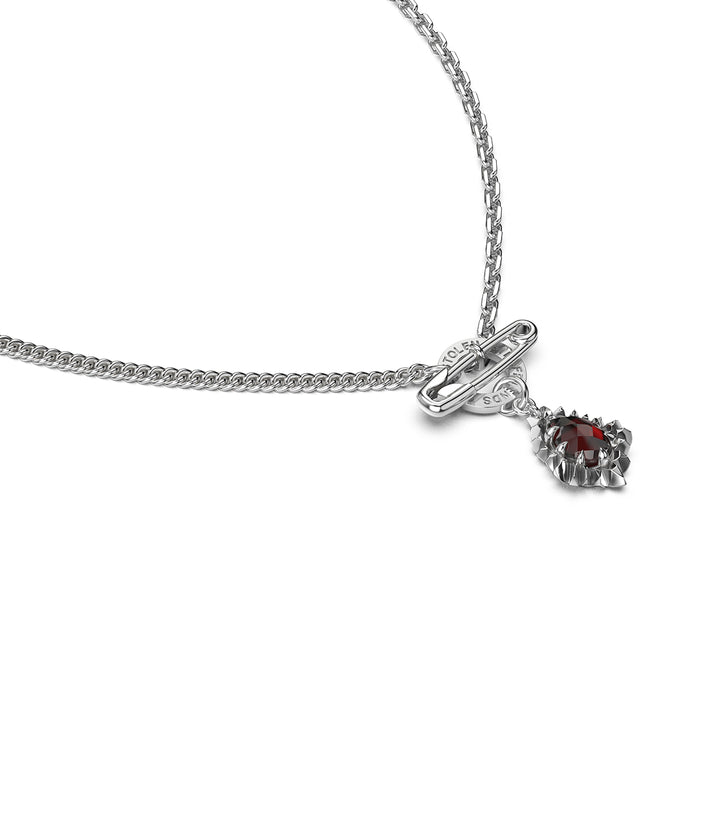 Sterling silver garnet necklace three-quarter angle on white background