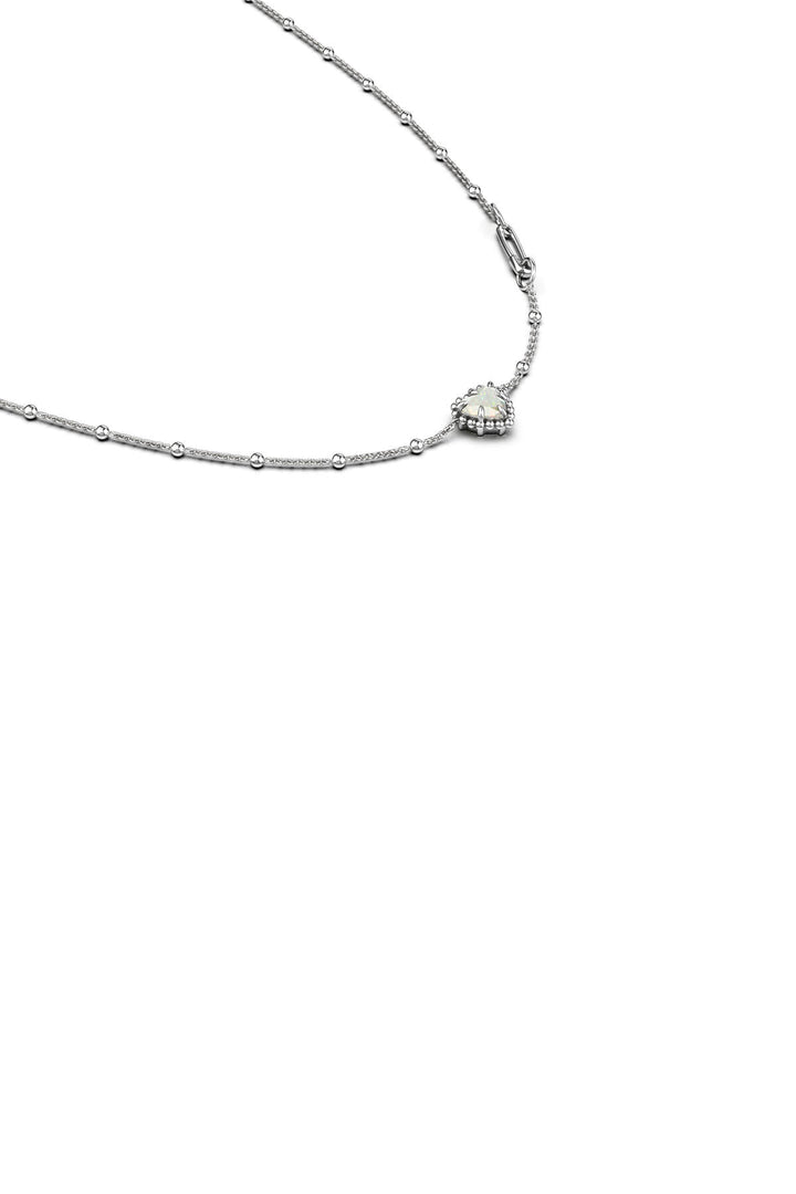 Dahlia's Heart Necklace. Sterling silver Opal heart necklace close up - Stolen Girlfriends Club 