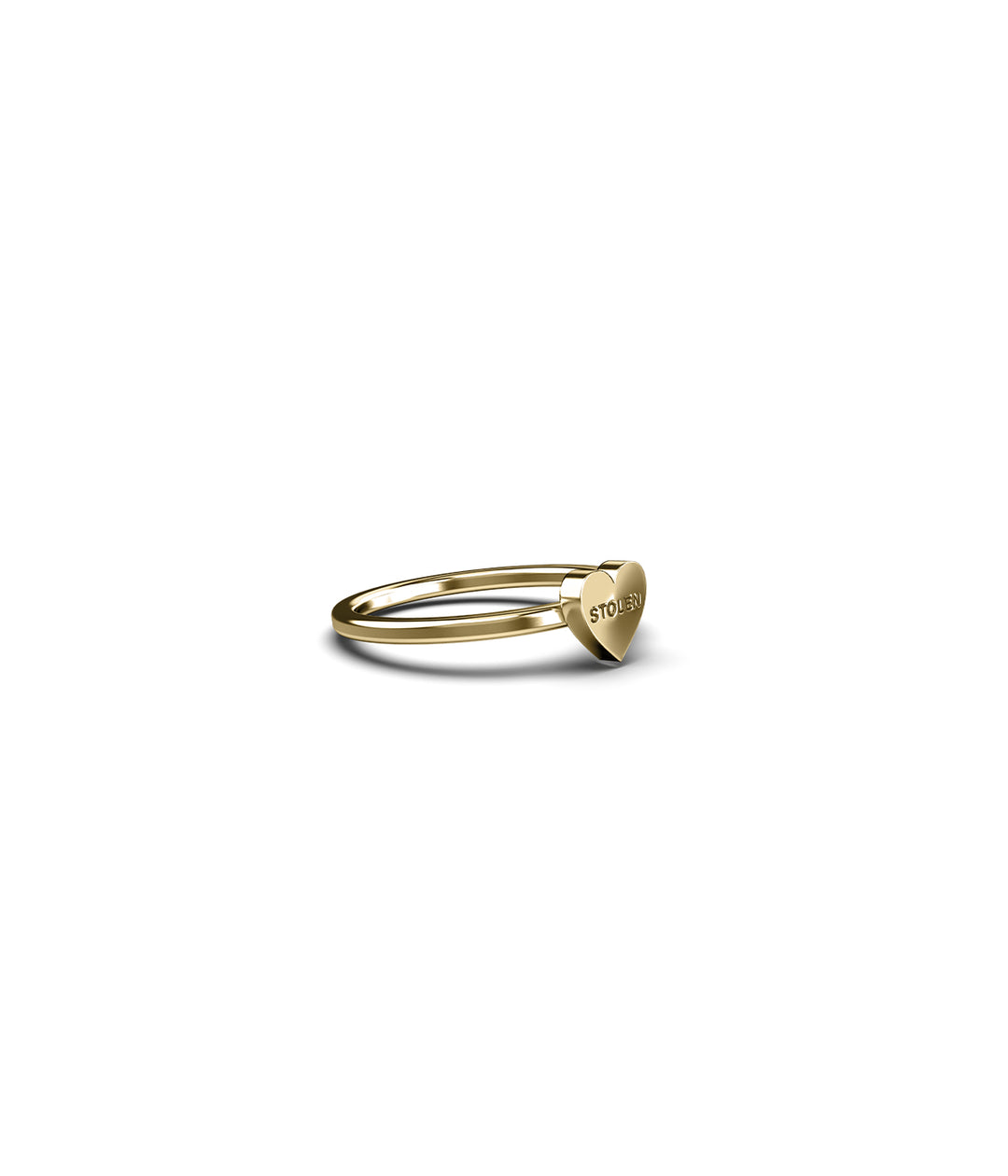 Three-quarter side angle of gold-plated Baby Stolen Heart Ring, displaying band profile and polished finish on white backdrop.
