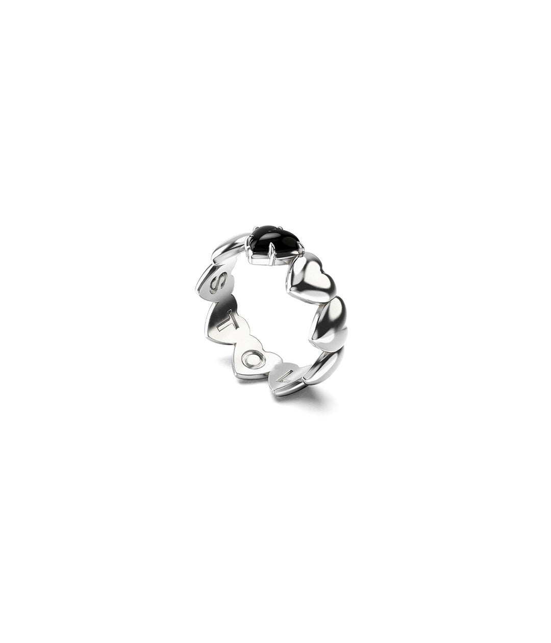 Three-quarter angled view of Band of Hearts Ring in sterling silver, showing heart-shaped band and onyx setting.
