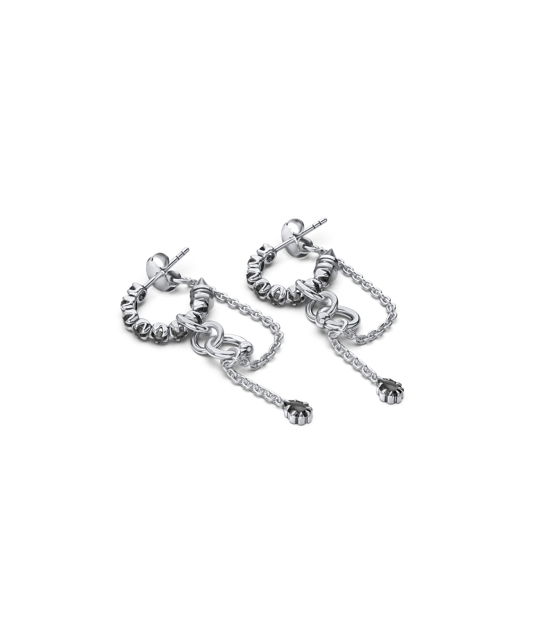 Close-up of Metasoma Eternity Hoops showing faceted Clear Quartz gemstones, polished silver links and articulated chain details.
