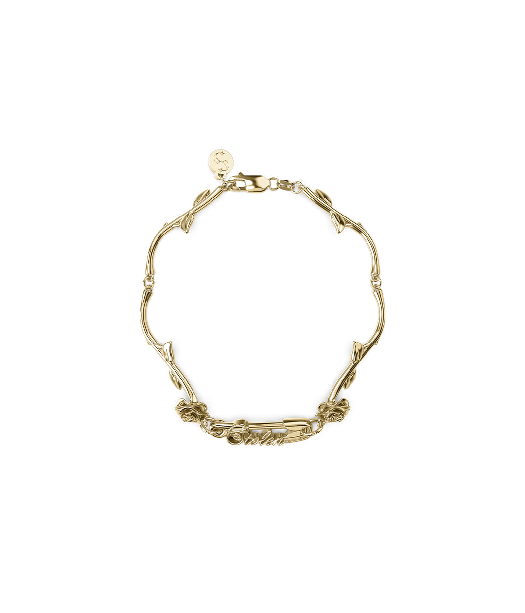 Gold-plated rose bracelet with sculpted safety pin and engraved STOLEN script.