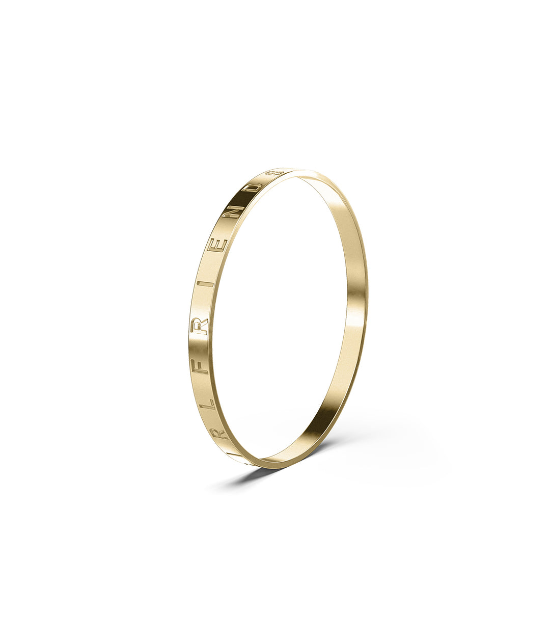 Close-up side view of bangle in gold plating, showing engraved STOLEN logo and structural shape.