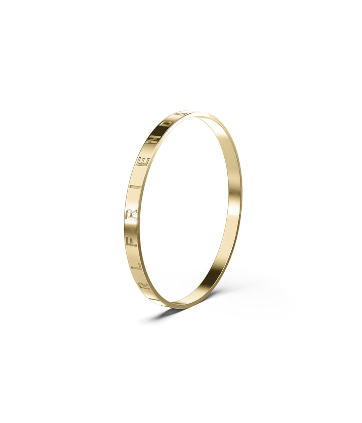 Close-up side view of bangle in gold plating, showing engraved STOLEN logo and structural shape.