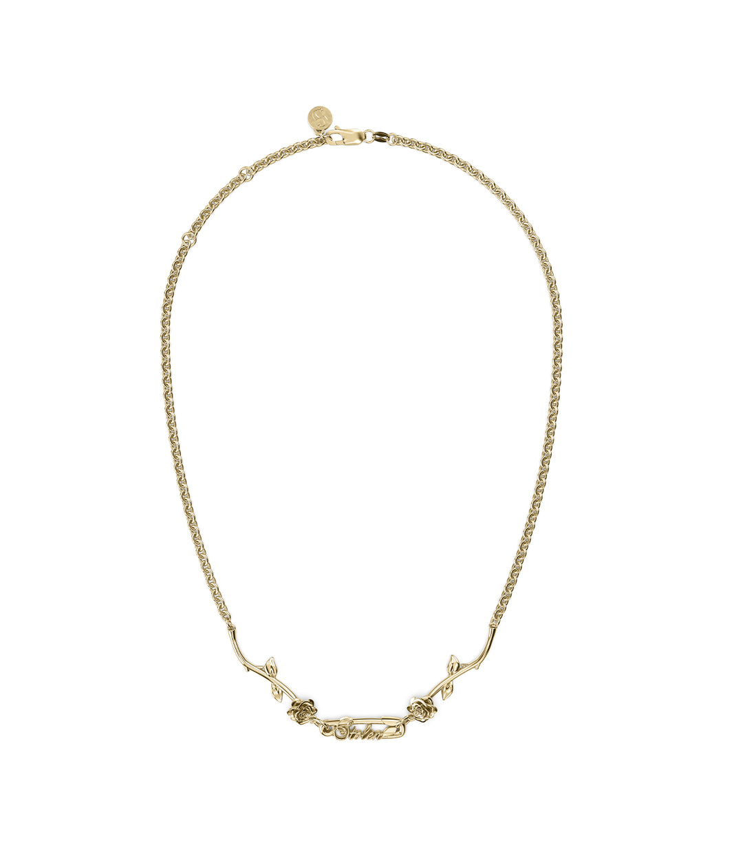 18k gold plated Rose Pin Necklace front view on white background