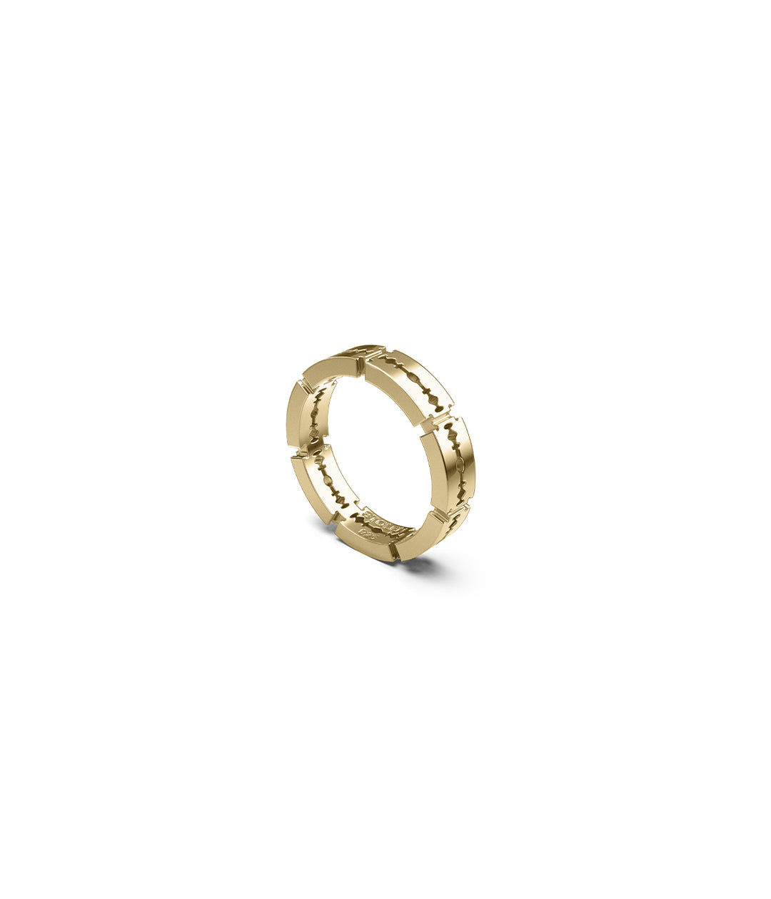 Gold-plated Razor Blade Eternity Ring in narrow style, three-quarter view on white background, highlighting sculpted razor edge detail and curved form