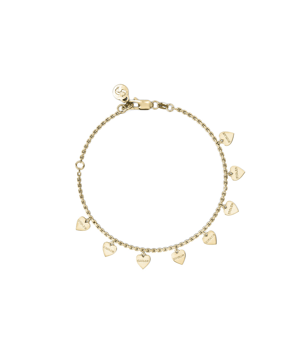 18k gold-plated Stolen Heart Bracelet on white background showing multiple engraved heart charms on fine chain.