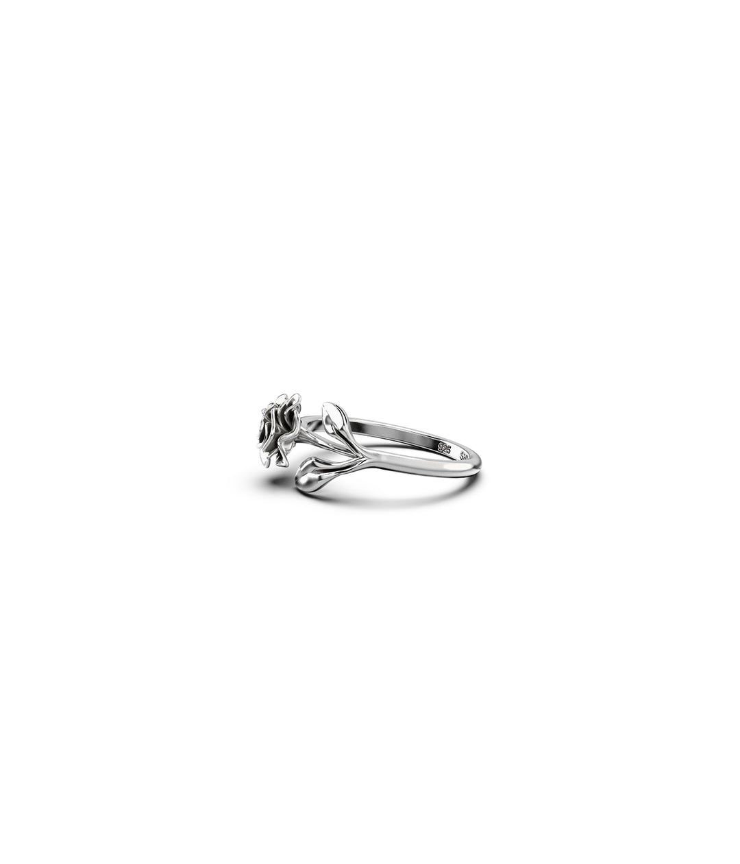Stem Rose Ring in sterling silver, shown in  side view on white background, highlighting sculptural rose and wrap-style band. Stolen Girlfriends Club