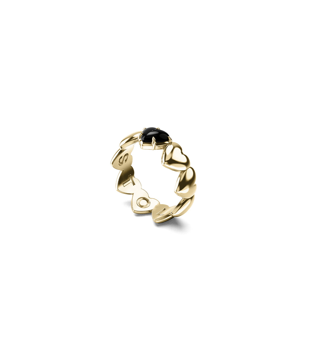 Side view of 9k gold Band of Hearts Ring, showing heart-band profile and polished onyx centre.