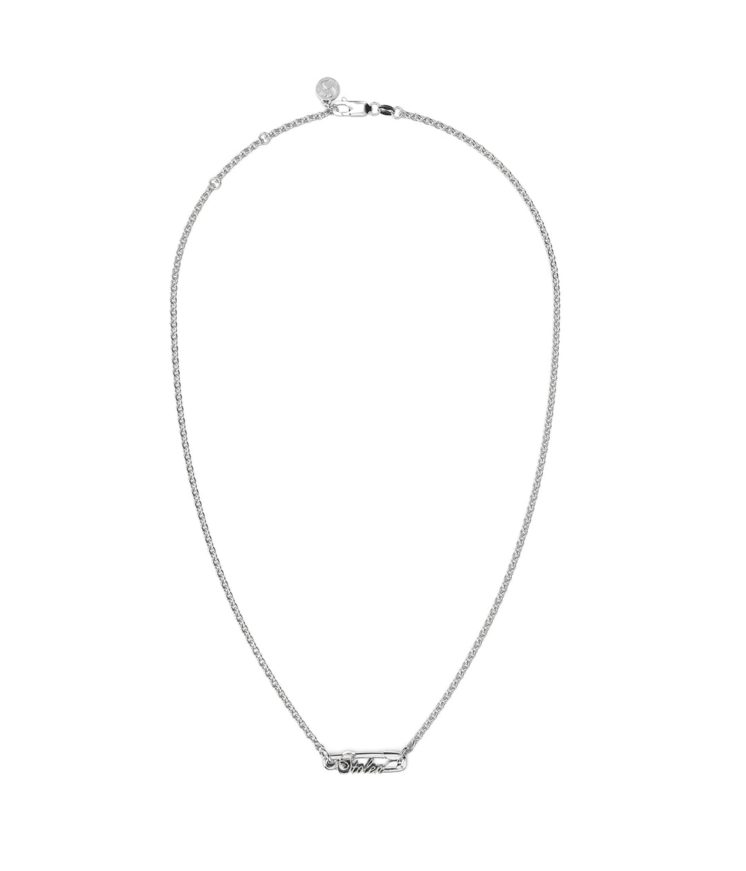 Front view of Scripted Pin Necklace in sterling silver on white background