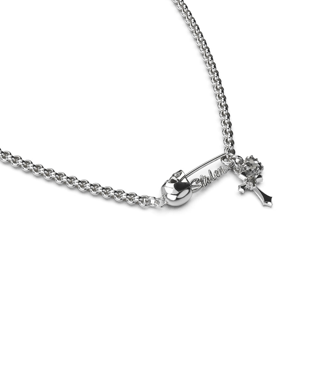 Side view of sterling silver Gothic Pin Necklace showing skull-crowned pin and finely detailed charm silhouettes.