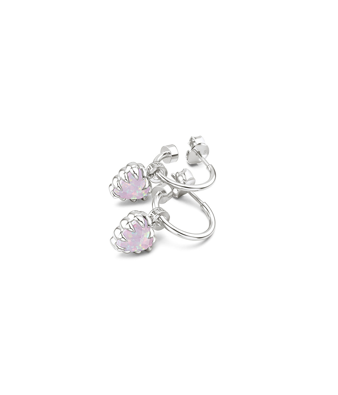 Side and view of the sterling silver Love Claw Anchor Earrings with suspended Pink Bello Opal heart settings.