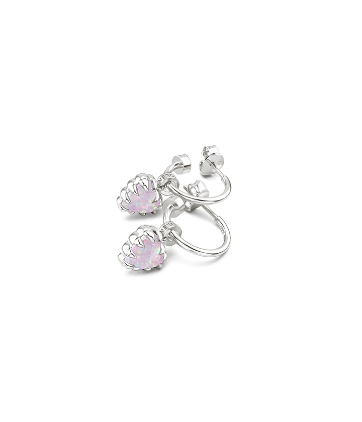 Side and view of the sterling silver Love Claw Anchor Earrings with suspended Pink Bello Opal heart settings.