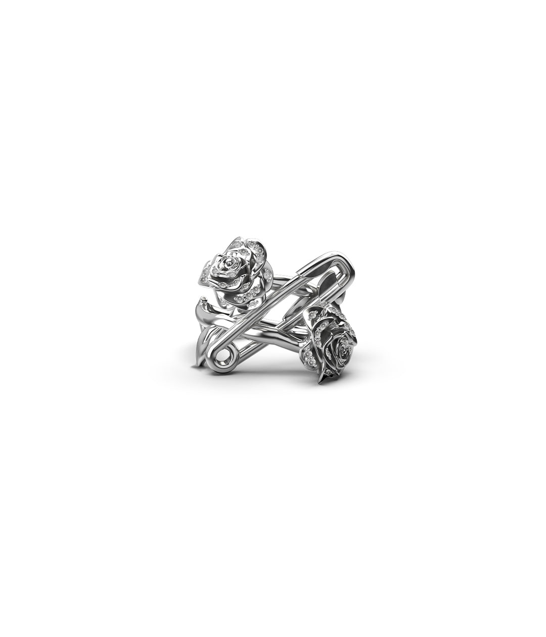Front view of sterling silver rose and pin ring with white topaz on white background