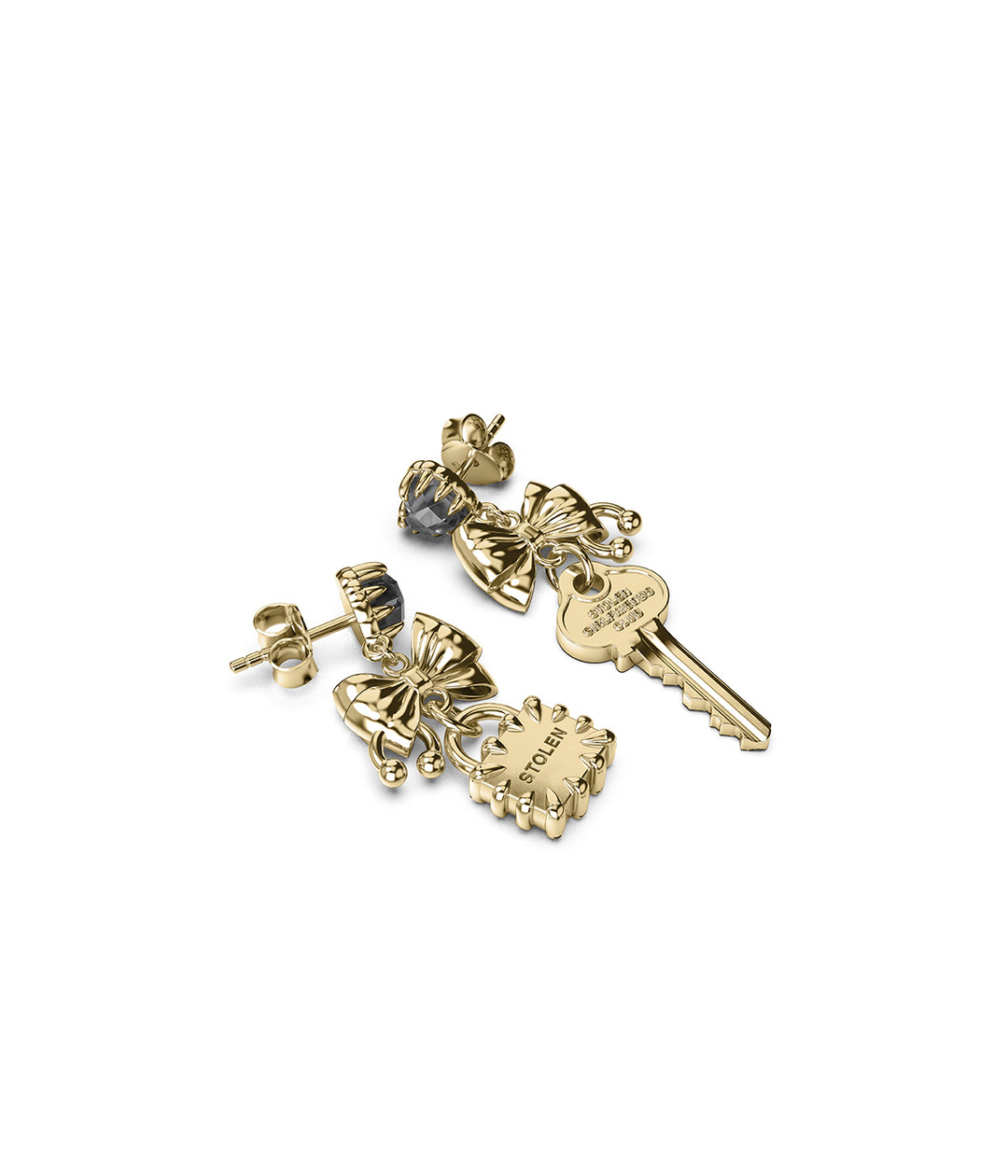 18k Gold-plated Love Locked Bow Earrings on white background showing mismatched design with lock and key charms.