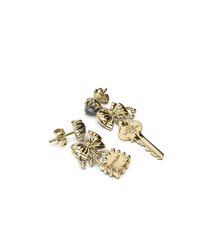 18k Gold-plated Love Locked Bow Earrings on white background showing mismatched design with lock and key charms.