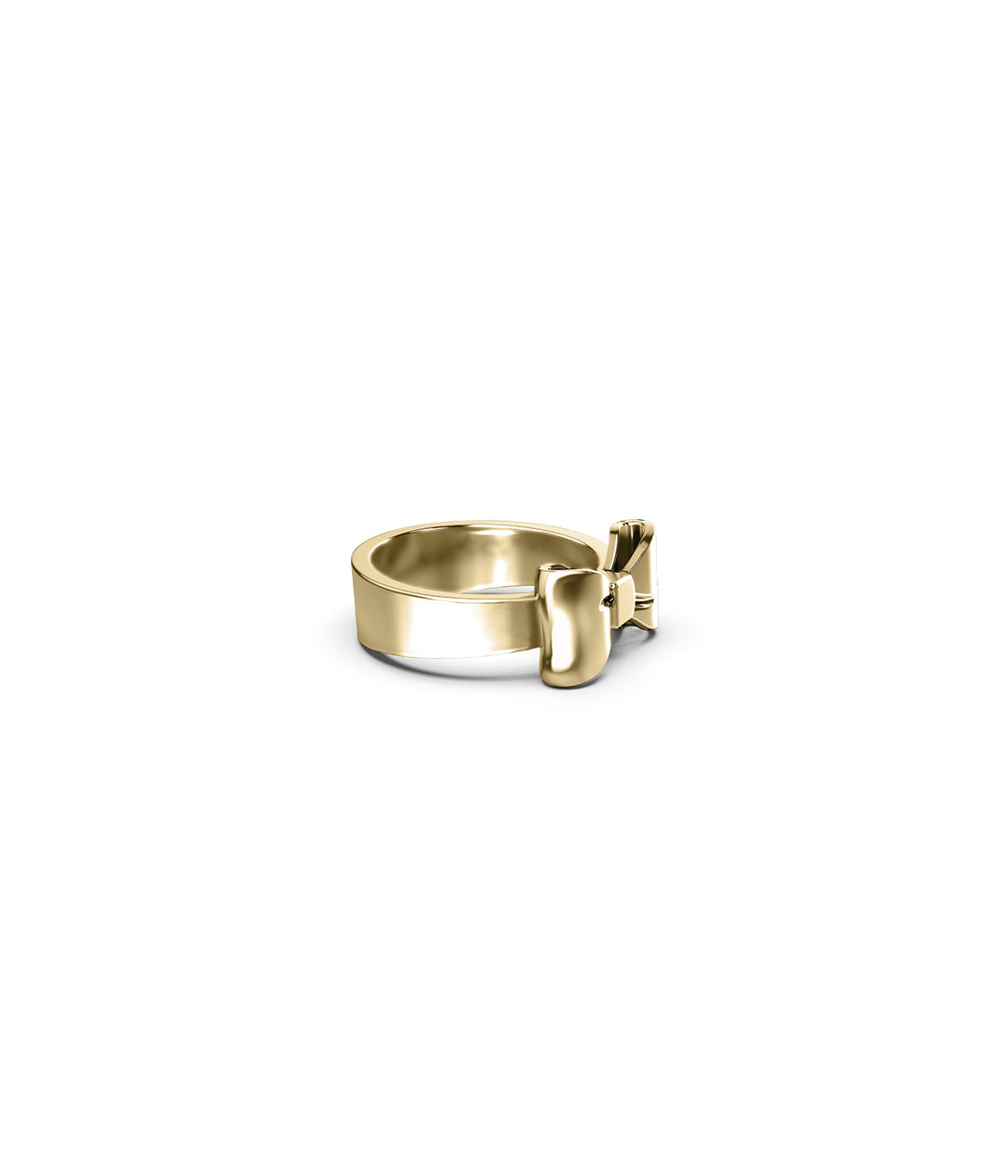 Side angle of solid gold Bow Ring on white background, highlighting polished surface and dimensional form.