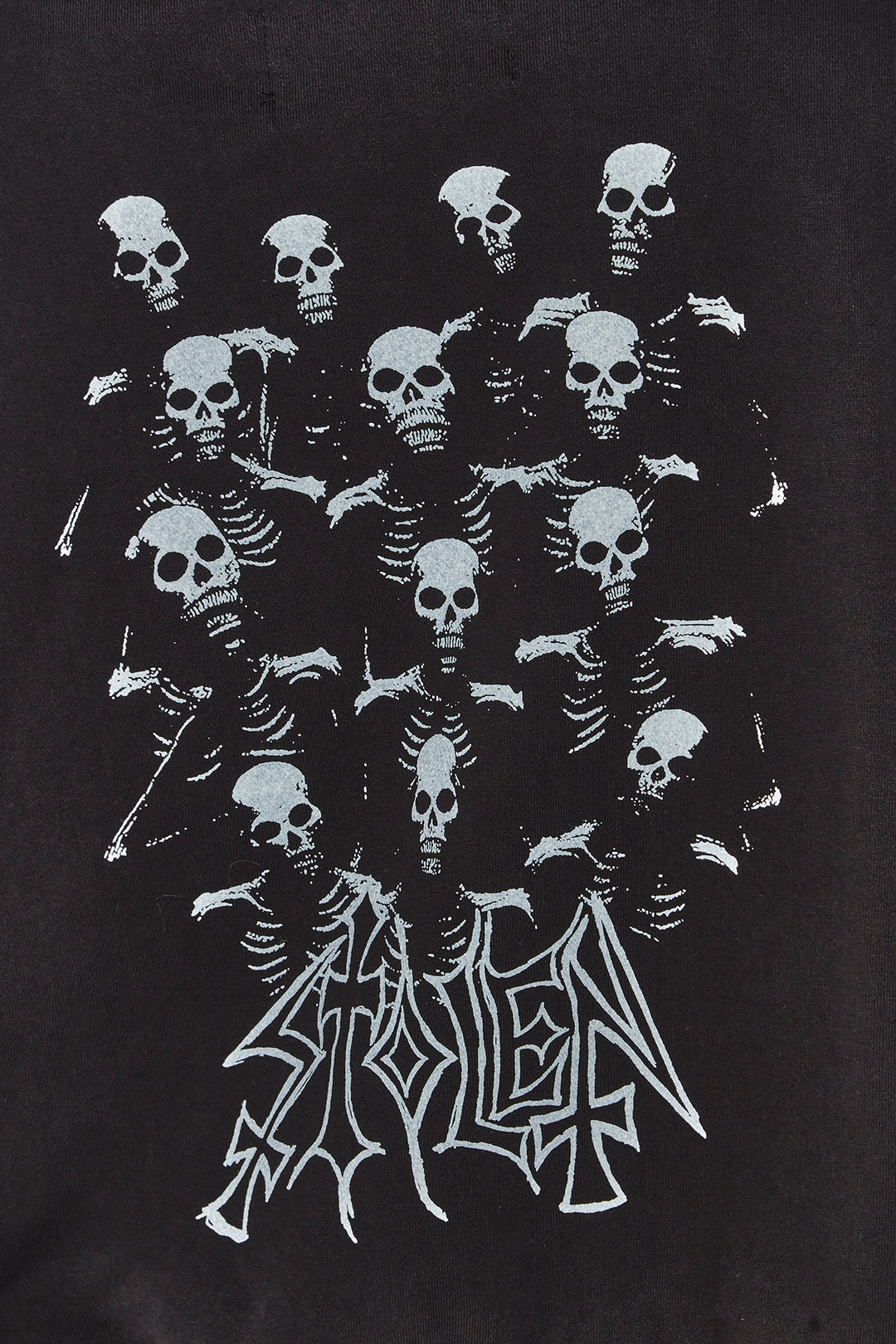 Black hooded sweat with white skeleton and stolen logo design on a dark background