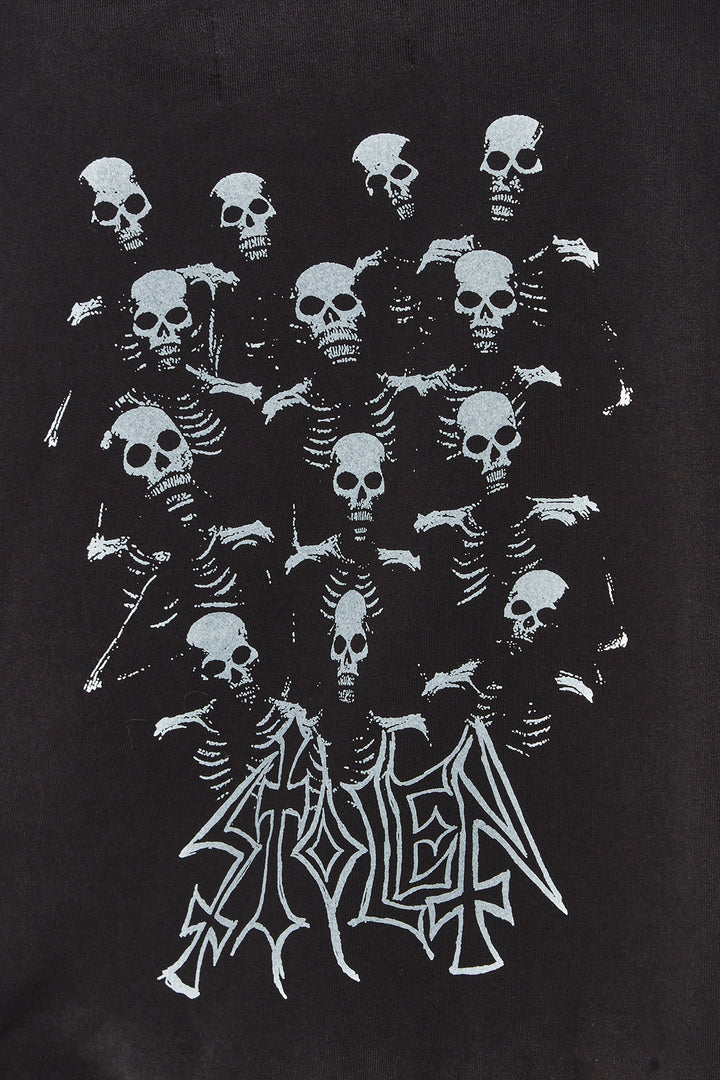 Black hooded sweat with white skeleton and stolen logo design on a dark background